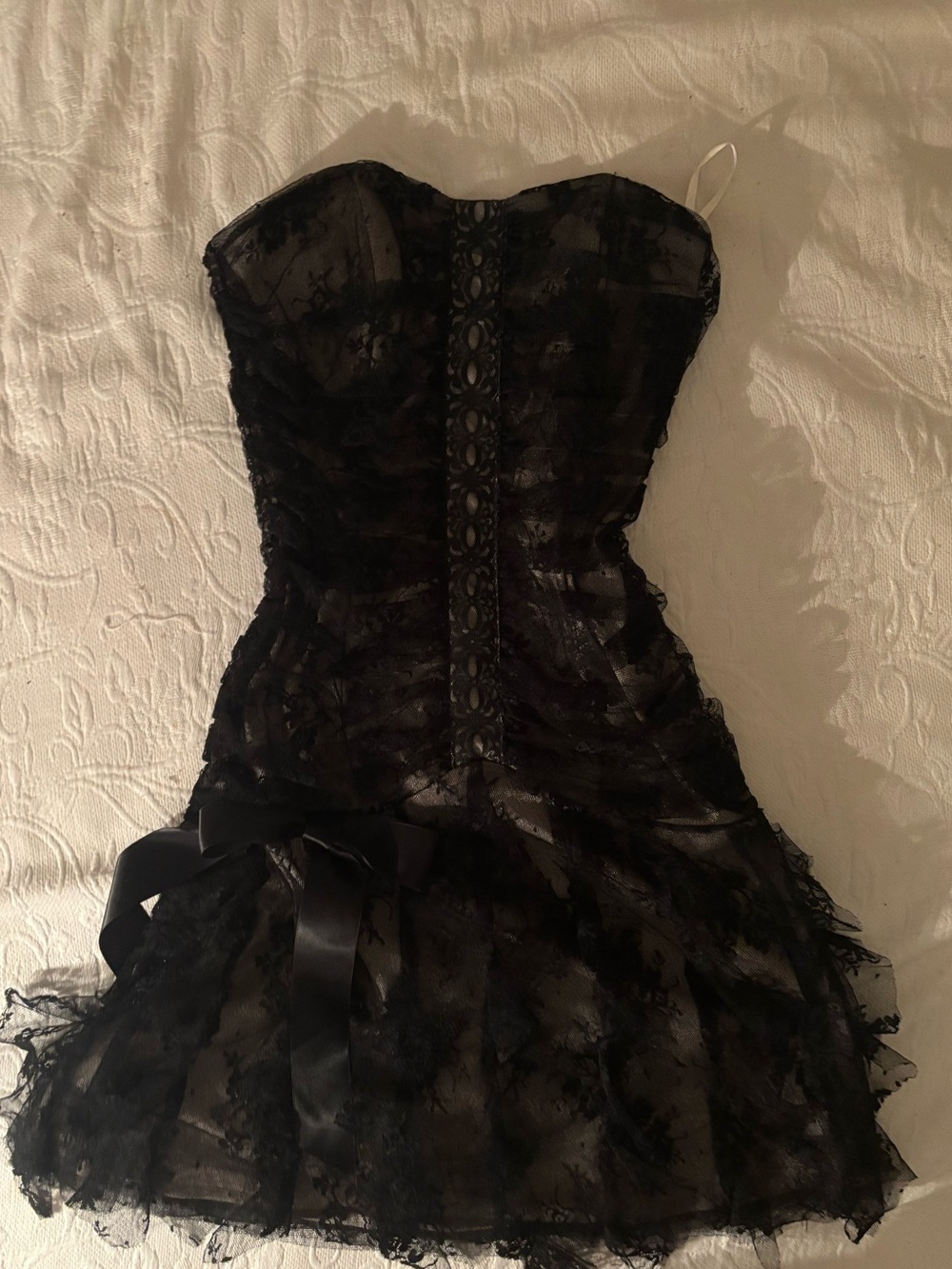Black Lace Strapless Cocktail Dress with Ribbon Detail